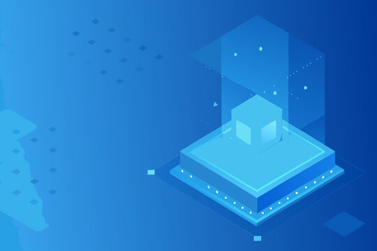 Abstract isometric design featuring glowing blue cubes and digital elements