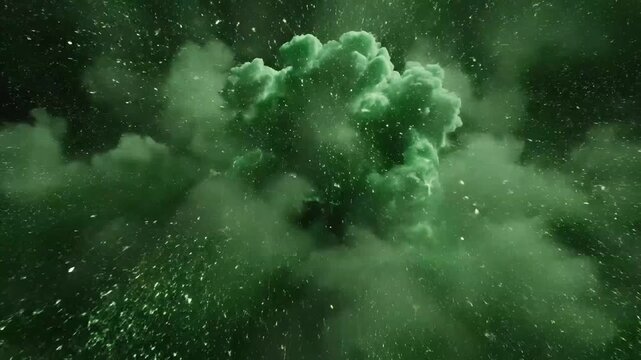 A vibrant green explosion of smoke and particles viewed from a close-up perspective in a dark environment