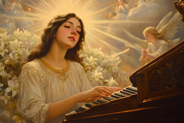 Naklejka premium Saint Cecilia playing the organ with a radiant halo and angelic presence