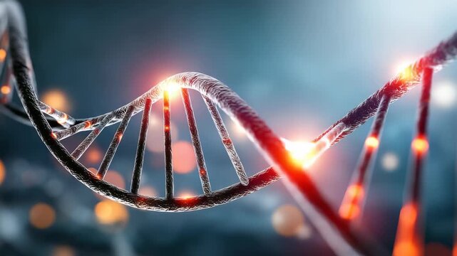 Detailed digital rendering DNA molecule with illuminated nodes, abstract lighting, symbolizing innovation in genetics. Perfect for themes science, research, medical technology advancements
