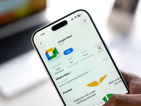 Google Meet logo is displayed on the screen of a smartphone, in Bangalore, India, on February 28, 2026
