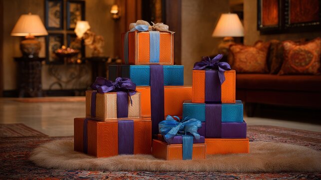 Pile of Brightly Colored Wrapped Presents Tied with Sati Ribbons