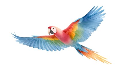 Fototapeta premium ic watercolor illust n of a vibrant colorful parrot captured mid flight wings spread wide revealing detailed feather textures and soft gradients on a pure white backdrop