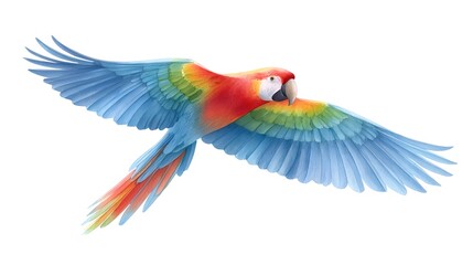 Fototapeta premium Detailed watercolor illust n of a vibrant parrot in dynamic flight showcasing spread wings with colorful blue red yellow and green feathers