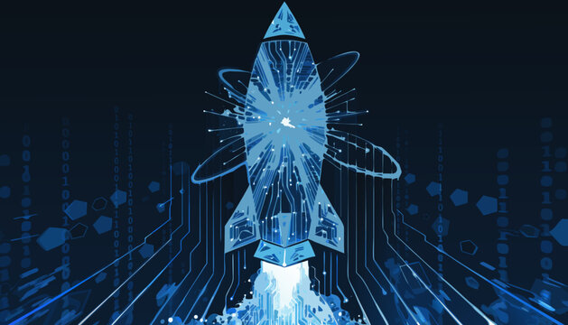 A futuristic blue rocket ship blasting off into a digital circuit board background with glowing lines and geometric shapes