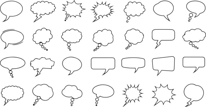 Collection of diverse speech and thought bubble designs in monochrome line art style