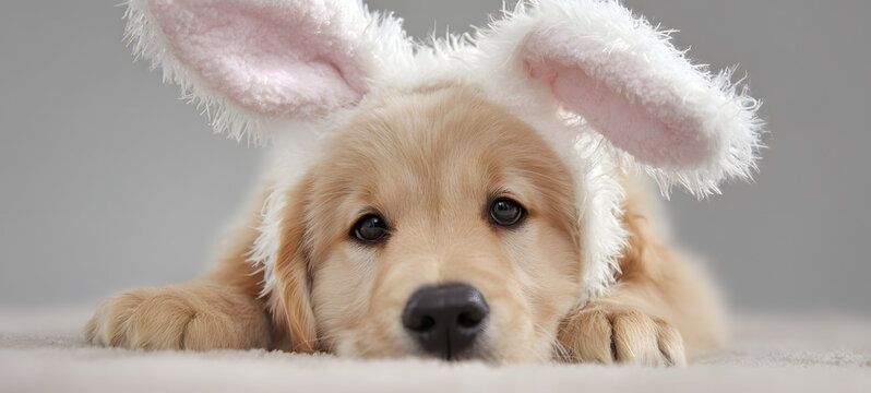 On a grey background with space for text, a cute dog is wearing Easter bunny ears.