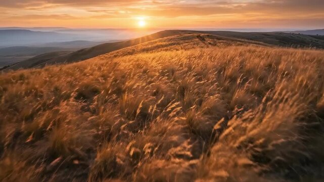 prarie grass. A breathtaking sunset casts a golden glow over rolling hills, with tall grass swaying gently in the breeze, creating a serene and tranquil landscape