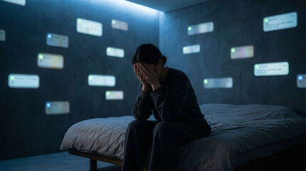 Young person sits on bed, hands covering face, overwhelmed by glowing online notifications
