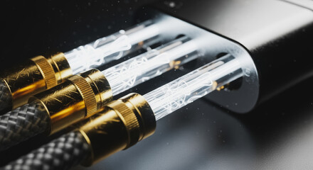Abstract energy flowing through transparent, high-tech cables with golden connectors, symbolizing advanced data transfer and modern connectivity.