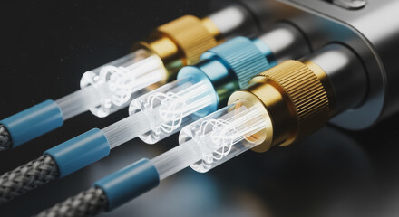 Close-up of modern fiber optic audio/data cables with glowing transparent connectors plugged into a sleek electronic port, representing high-speed digital technology and connectivi