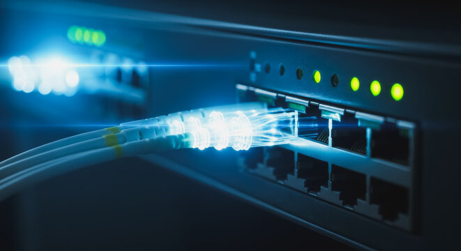Glowing fiber optic cables plugged into a network switch, representing high-speed data transfer and digital communication in a server room