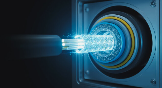 High-speed optical fiber cable cross-section illuminating data transmission with glowing blue light and visible intricate internal structure.