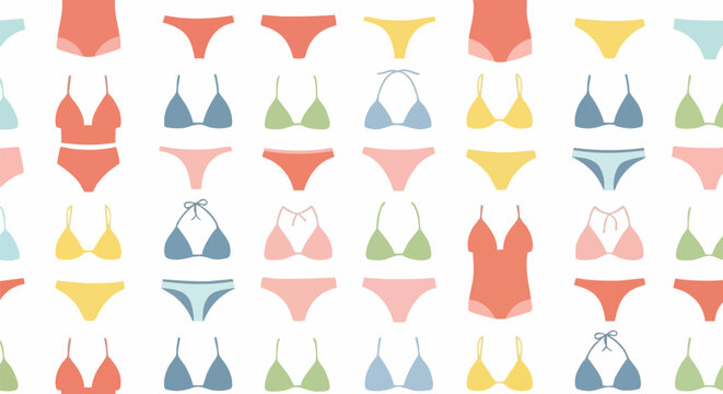 Swimsuit and bikini seamless pattern. Includes one-piece swimsuits, bikini tops, and bikini bottoms in various styles. Created in flat graphic style with pastel color palette.