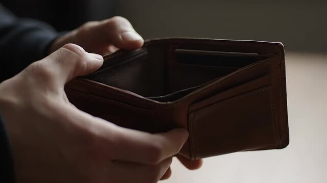 Close up shot of a person's hands holding an open, empty brown leather wallet, symbolizing financial hardship or being broke.