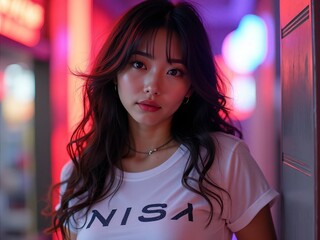 Naklejka premium NISAのテキストがプリントされたシャツを着ている女性