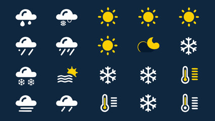 Obraz premium Various weather icons displayed in a grid on a dark blue background