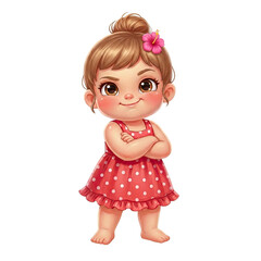 Cute cartoon toddler girl standing confidently with arms crossed wearing a pink hibiscus flower