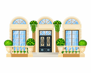 Elegant building facade with arched windows greenery and detailed ornamentation
