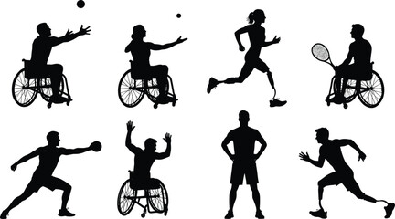 Disabled and able-bodied athlete silhouettes in various sports activities, inclusive fitness and wheelchair basketball concept isolated on white background. © Nayan