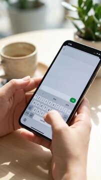 Person typing message on smartphone while holding phone with both hands