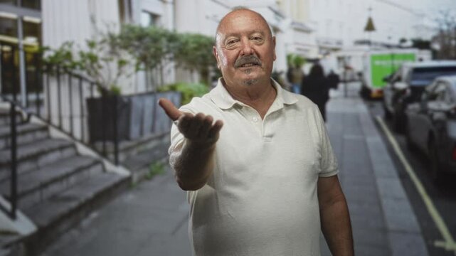 Man with outstretched hand offering palm to camera on a city street beside parked cars and steps; welcoming.