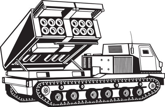 Multiple launch rocket system, detailed military weapon on transparent background