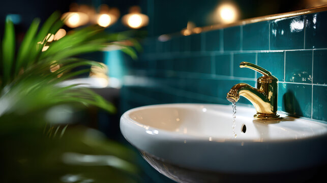 Moody vintage pedestal sink corner with ornate mirror and gold faucet dripping water for bathroom interior background and decor poster
