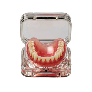 Dental retainer case with removable lower dental appliance in clear plastic container for storage and hygiene for medical product display and packaging design