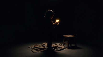 Child holding fire in dark room with wooden stool and blanket on floor. Child's curiosity ignites as they explore flame and light in mysterious surroundings.