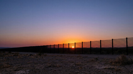 Obraz premium Sunset view with border fence silhouetted against vibrant sky. Sunset casts warm colors over border fence stretching across empty land. Concept border security and immigration issues.