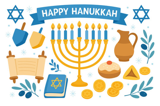 Festive Hanukkah icons featuring menorah, dreidel, and Star of David. Vibrant Jewish holiday vector illustrations ideal for party decorations and religious greeting cards.