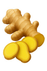 Fresh ginger root and multiple sliced pieces