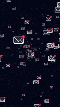Vertical 3d animation of flying through a space tunnel filled with unread email envelopes with red notification counters and stars. glowing stars in the background. spam, inbox overload and universe
