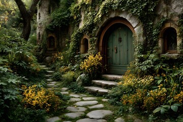Fototapeta premium Charming secret garden wooden door covered in ivy and climbing yellow flowers has a stone pathway leading to the entrance with soft lighting.