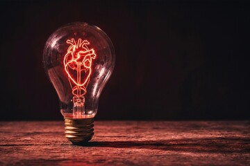 Glowing Red Heart Shape Filament Inside Classic Light Bulb on Wooden Table