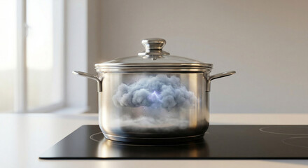 Surreal Storm in a Stainless Steel Pot on a Modern Kitchen Stove With Lightning.