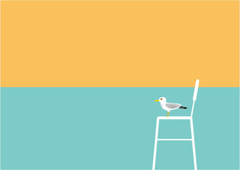 夕暮れのビーチとカモメのイラスト