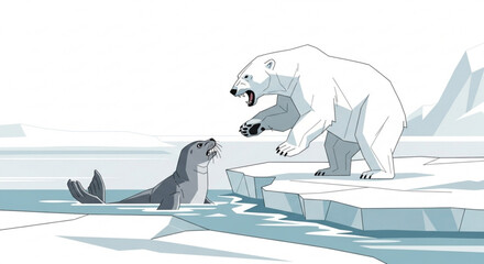 Polar bear and seal confront each other on melting iceberg in arctic landscape with icy waters and mountains © Shah