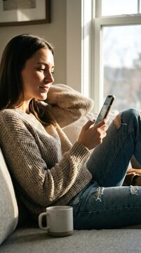 Woman relaxing on couch holding phone near window with coffee cup beside her