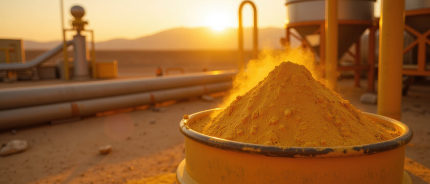 Yellow uranium ore powder industrial barrel mining facility sunset desert landscape radioactive material energy production dust rising warm light