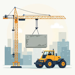 Yellow Crane and Tractor Construction Equipment.