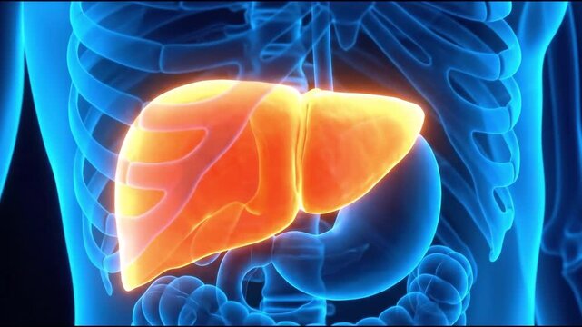 3d render of human liver highlighted in an anatomical scan, suitable for medical education, health awareness campaigns, scientific research, and biology presentations.