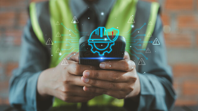 AI construction risk management and mobile site monitoring, Engineer using smartphone with virtual hard hat gear and safety network icons, ConTech, Predictive maintenance, Hazard detection