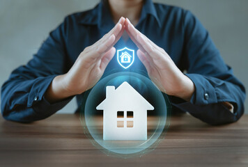 home insurance concept, Person hands making roof gesture over white house model with virtual protective sphere and shield padlock icon, Financial security, Mortgage insurance, Asset protection © HappyEva