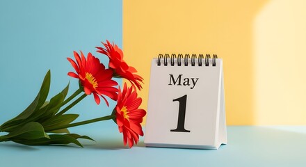May 1st calendar page with vibrant red flowers on colorful background