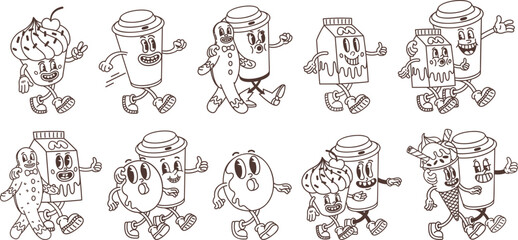 Fototapeta premium Line coffee and sweets set with groovy retro cartoon coffee and dessert characters in outline style. Line street food vector elements. Great for stickers, coloring pages and menus.