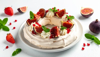 Delicious Pavlova topped with fresh figs, strawberries, pomegranate seeds, and whipped cream, a sweet dessert