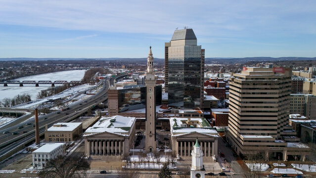 Springfield Massachusetts winter skyline with river bridges aerial view