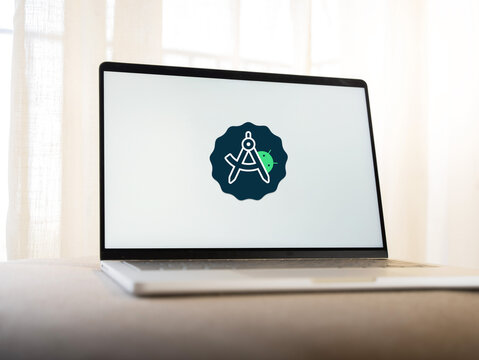 Android Studio logo is displayed on the screen of a smartphone, in Bangalore, India, on February 28, 2026
